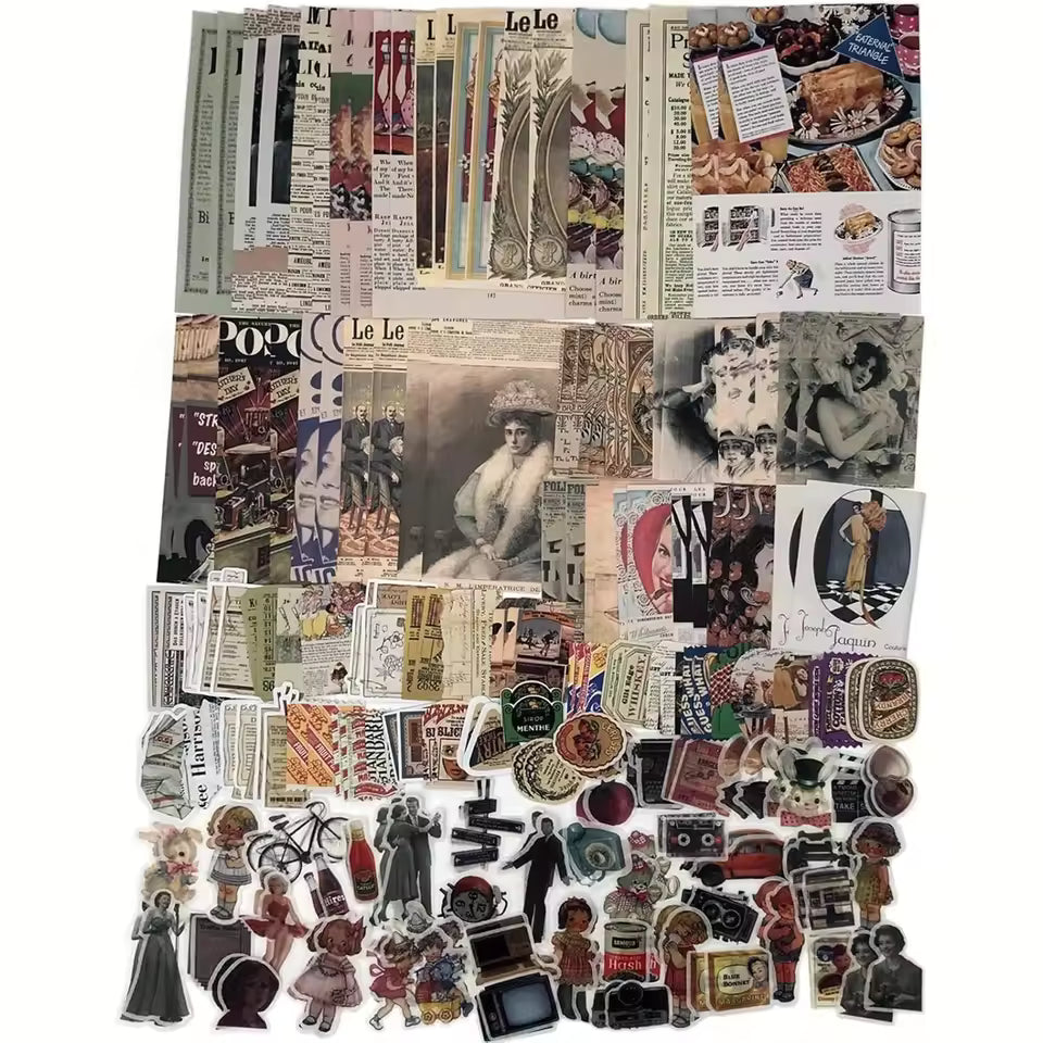 Vintage collage ephemera kit full contents overview