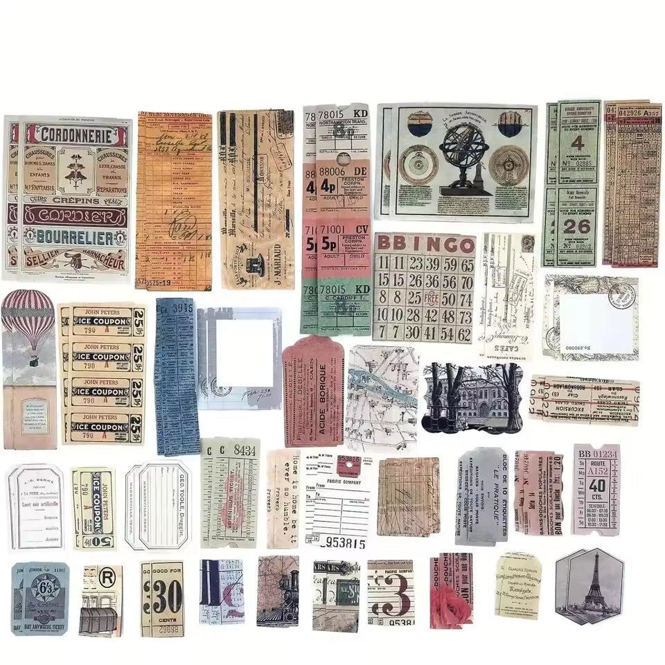 Detail shot of retro paper and sticker designs
