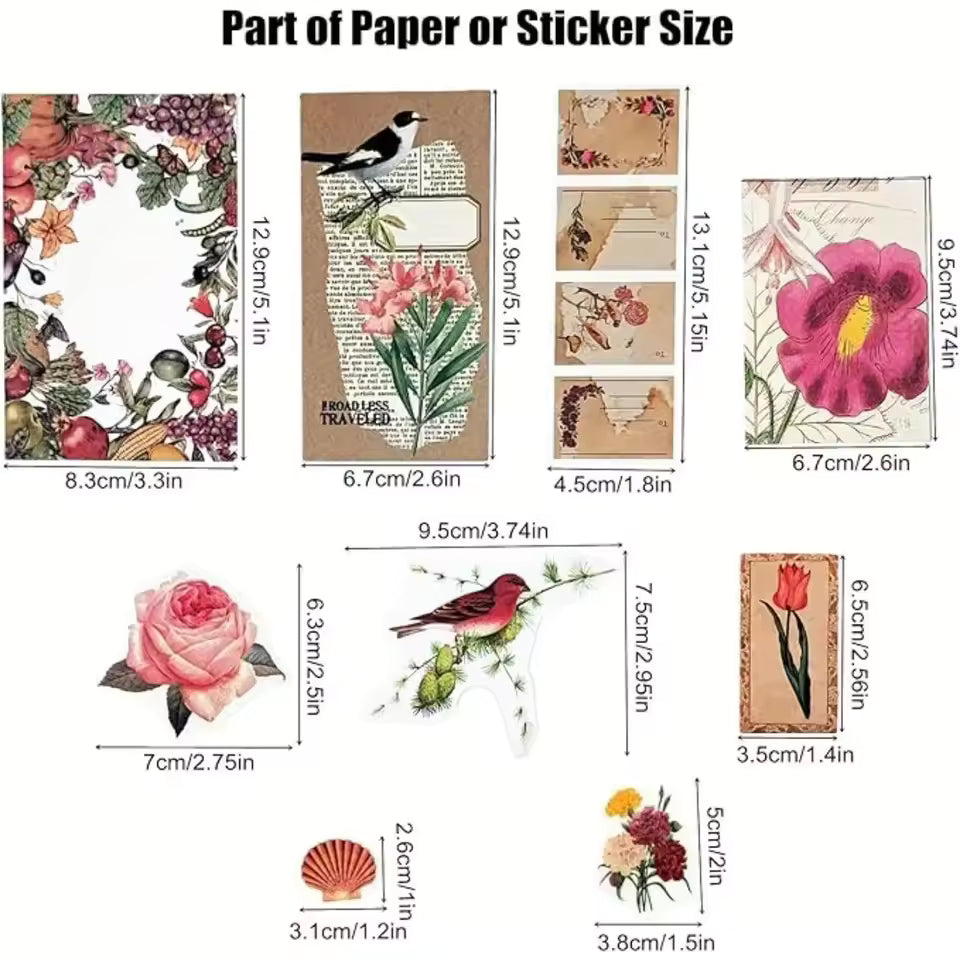 Close-up of vintage animal and botanical sticker paper