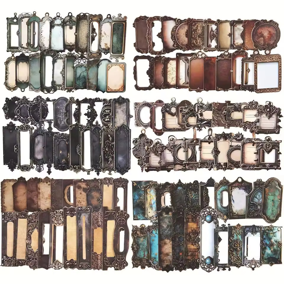 Vintage frame and label ephemera paper set, full sheet layout