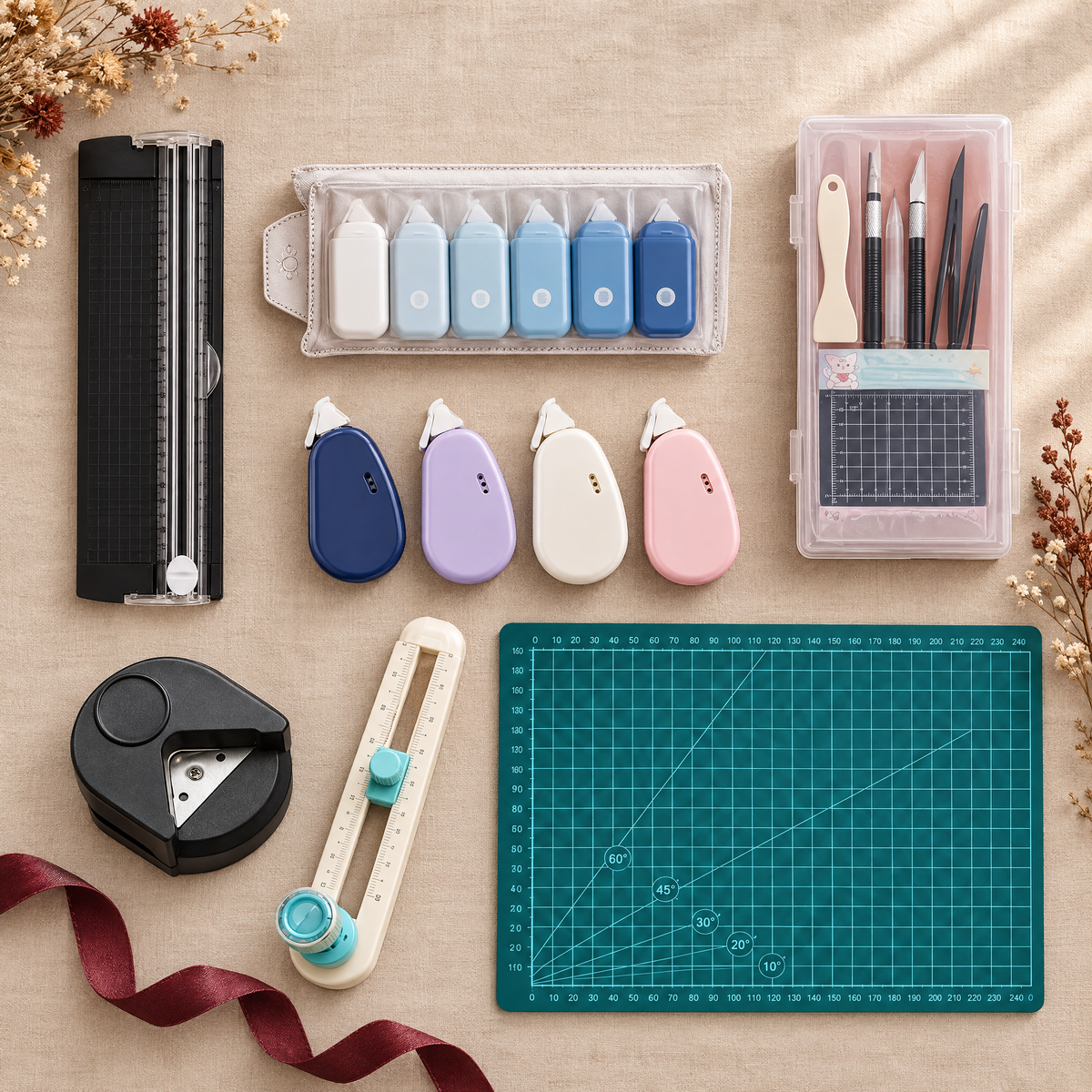 Complete Tool Set flat lay with dried flowers and ribbon styling