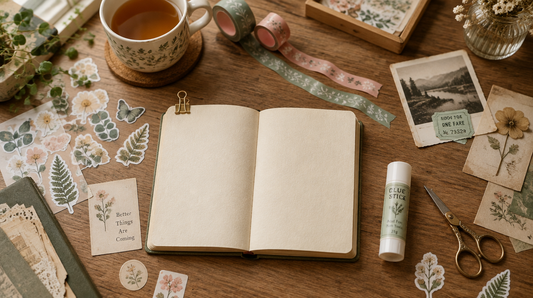 A cozy flat-lay of a beginner junk journal desk with an open journal, botanical stickers, washi tape, and vintage keepsakes