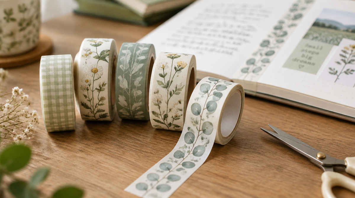 Plusieurs rouleaux de washi tape pastel et botanique debout sur un bureau à côté d'une page de journal ouverte