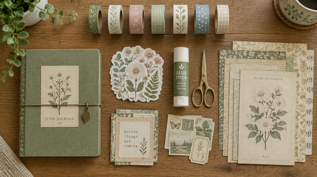 Matériel de scrapbooking bien organisé : un carnet, du washi tape, des autocollants et du papier décoratif sur un bureau