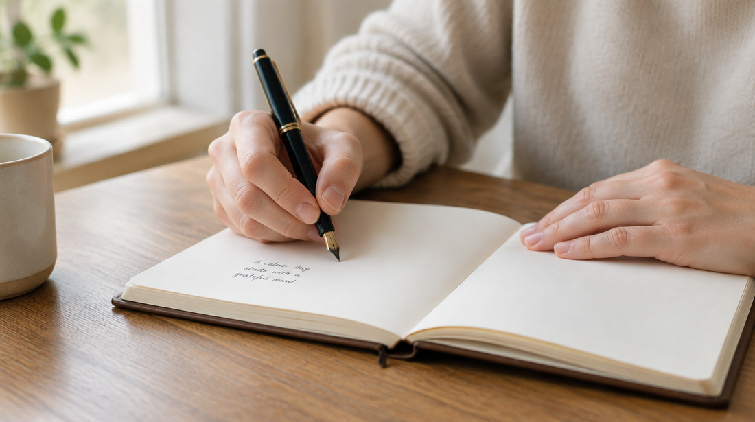 A person's hands writing simply in an open journal with a fountain pen, minimal decoration