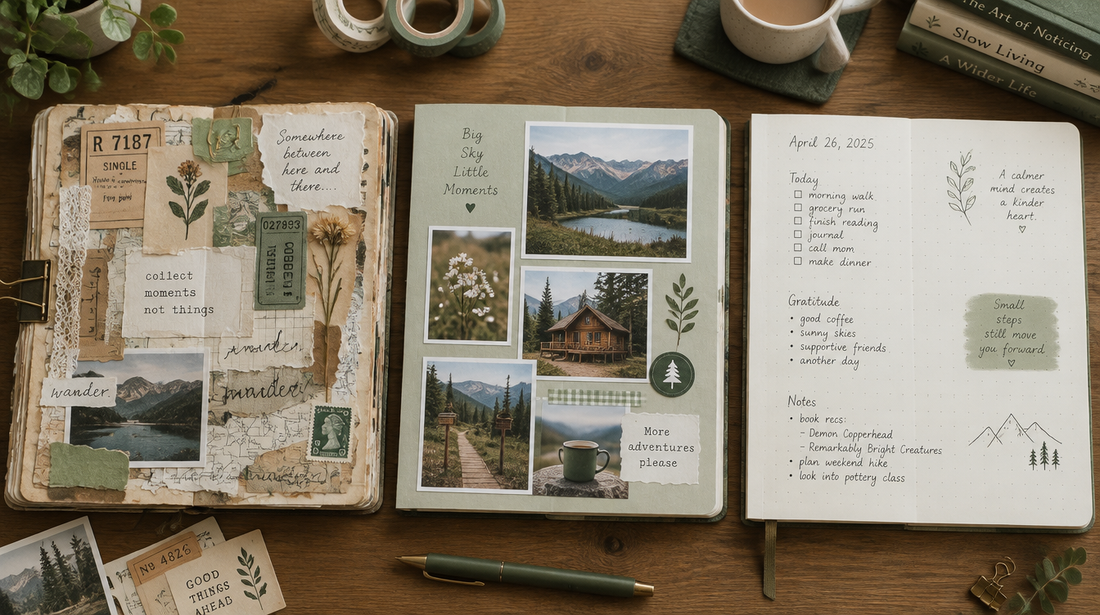 Three journal styles side by side: a loose junk journal, a neat scrapbook, and a minimalist bullet journal