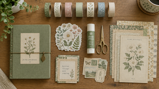 Neatly organized junk journaling supplies: a journal, washi tape, stickers, and decorative paper laid out on a desk