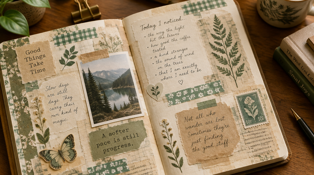 A fully decorated junk journal page with layered vintage paper, a photo, washi tape, and handwritten notes