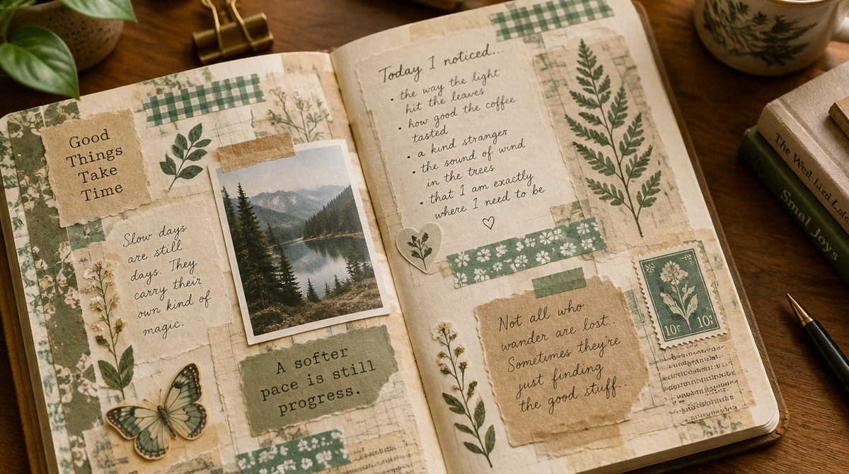 A fully decorated junk journal page with layered vintage paper, a photo, washi tape, and handwritten notes