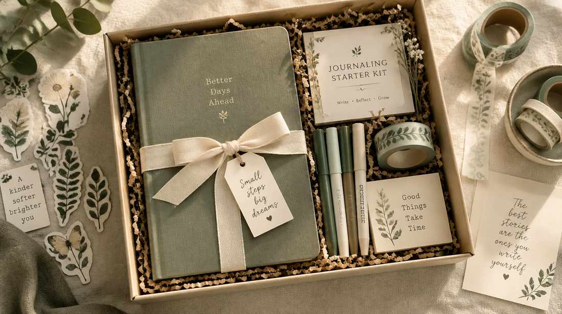 Une boîte cadeau emballée contenant un ensemble de départ pour journal créatif, avec des autocollants et du washi tape qui dépassent