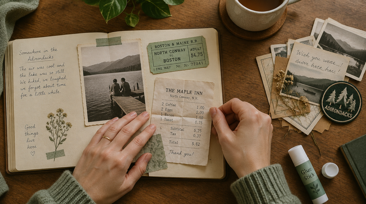 An old photograph, a train ticket stub, and a receipt being arranged onto an open journal page