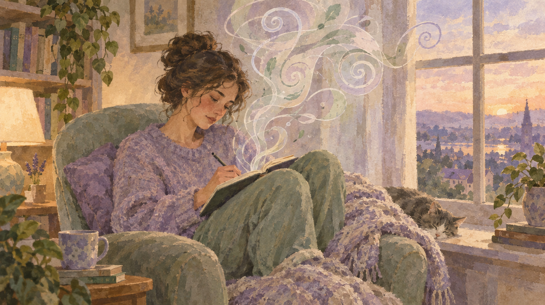 A person curled in an armchair writing, soft swirling thought-lines fading above them
