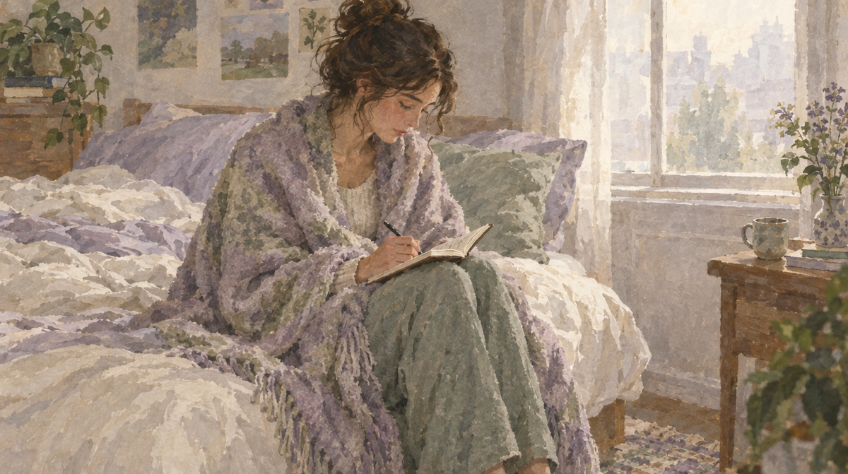 A person wrapped in a blanket writing a few lines in a journal in soft morning light