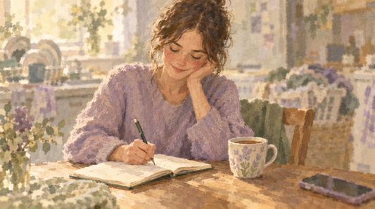 A person with a mug of tea and an open journal at a table, background softly blurred