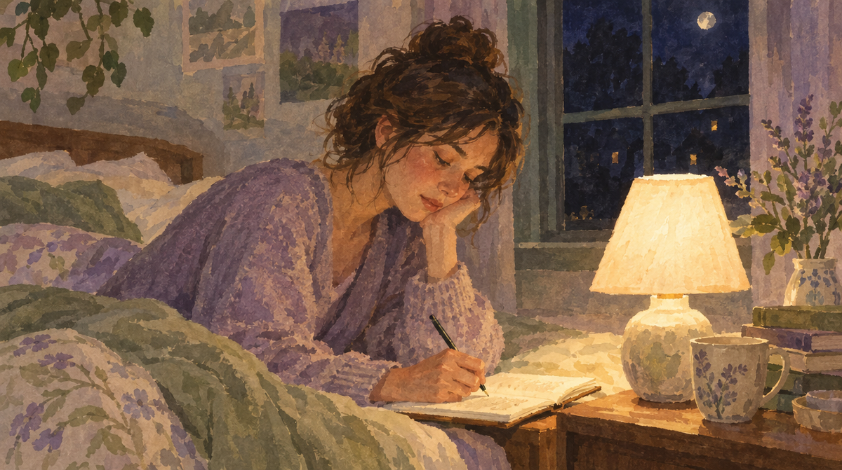 A person writing in a journal by a small bedside lamp late at night