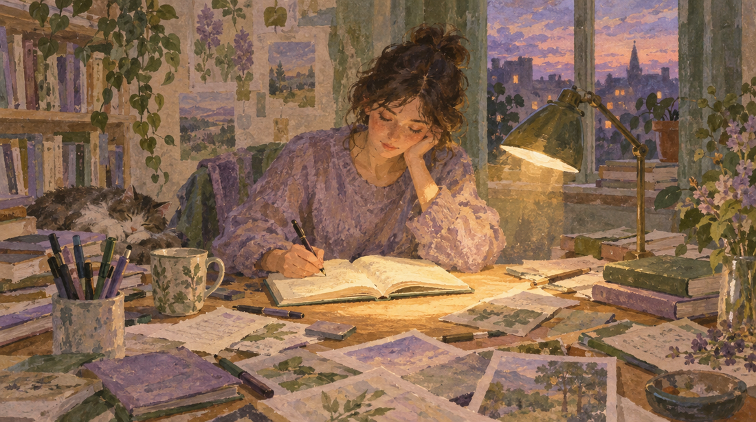 A cluttered desk with one warm circle of lamplight around an open journal