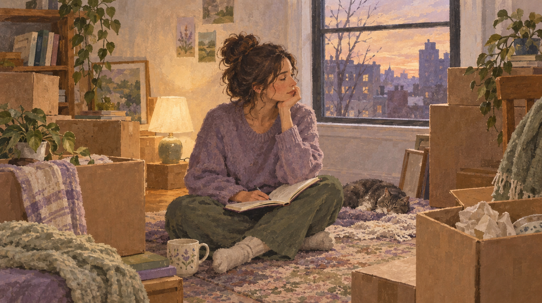 Soft watercolor illustration of a person journaling on the floor of a half-packed apartment