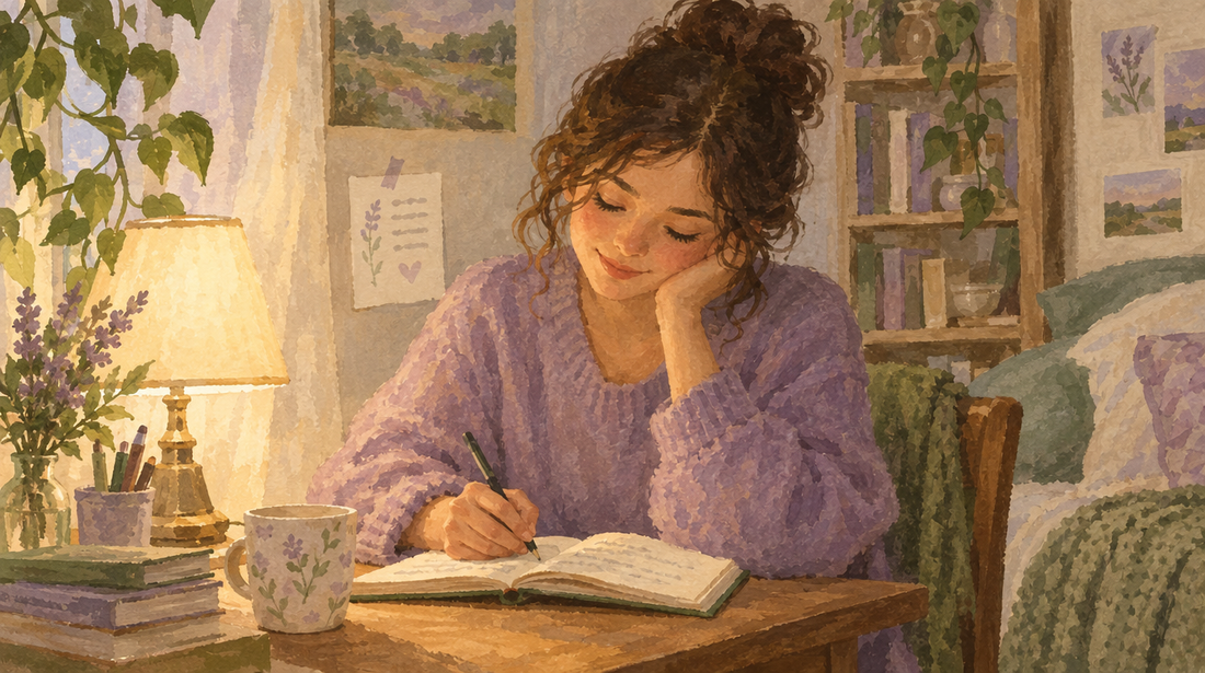 Soft watercolor illustration of a person writing gently in a journal by lamplight