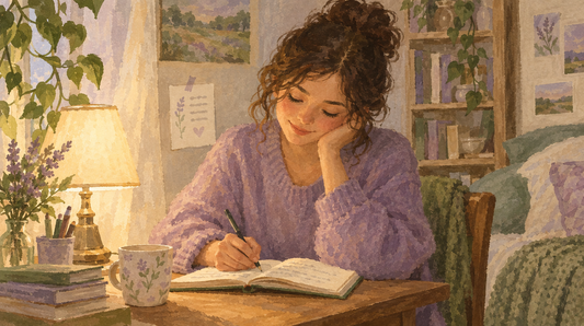Soft watercolor illustration of a person writing gently in a journal by lamplight