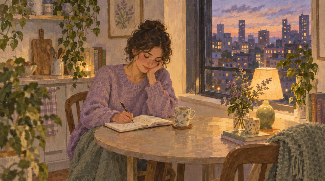 Soft watercolor illustration of a person journaling alone at a kitchen table at dusk