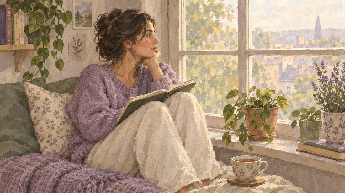 Soft watercolor illustration of a woman journaling thoughtfully by a window