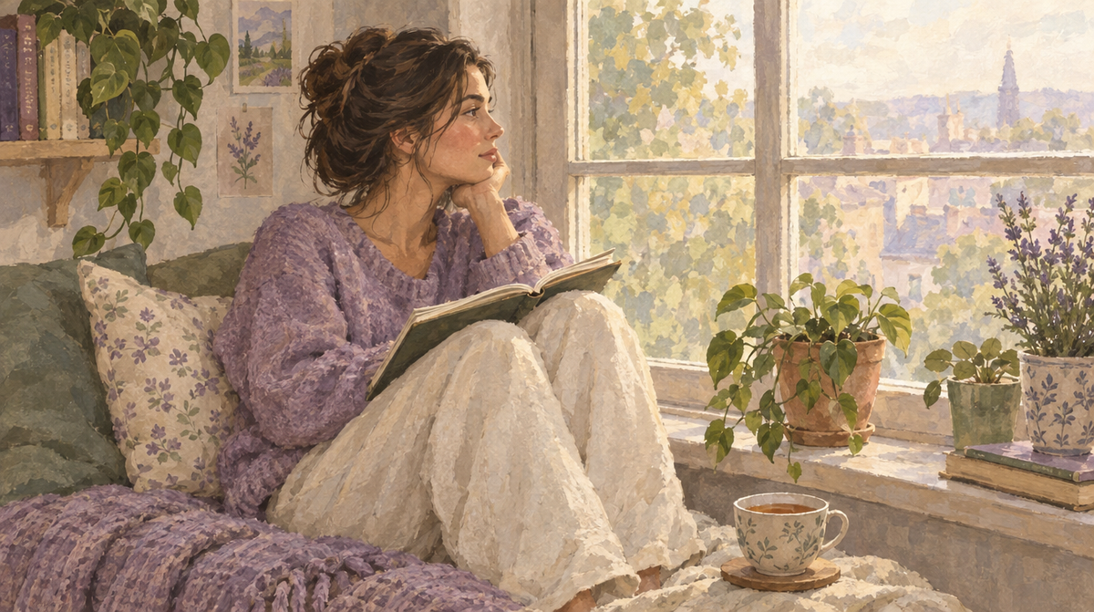 Soft watercolor illustration of a woman journaling thoughtfully by a window
