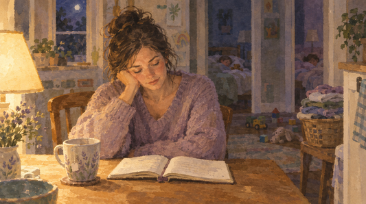 Soft watercolor illustration of a tired parent journaling at the kitchen table late at night