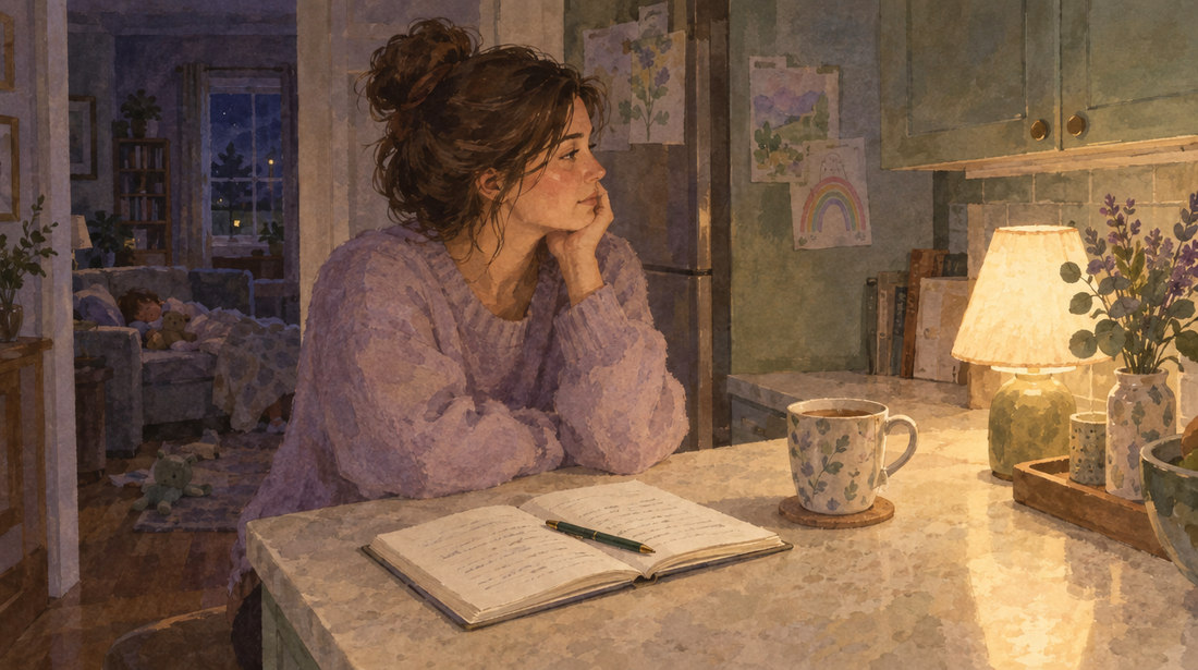 Soft watercolor illustration of a journal open on a quiet kitchen counter at night with a lamp and a cup of tea