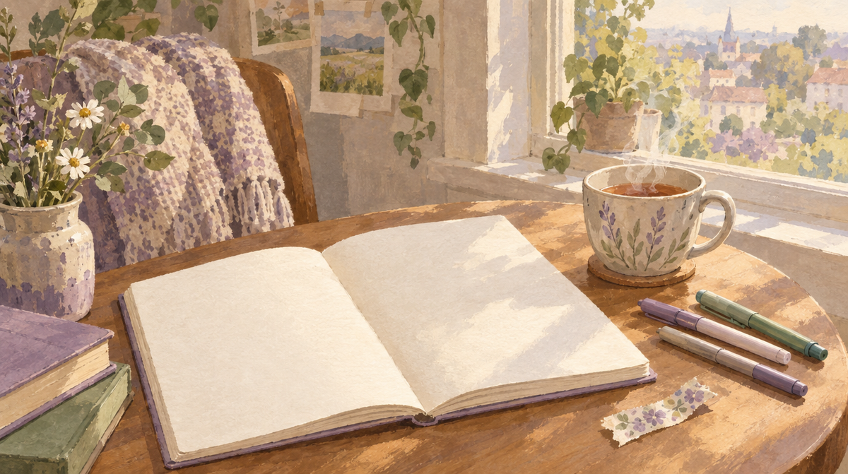 Soft watercolor illustration of a blank notebook page and a cup of tea by a window in morning light