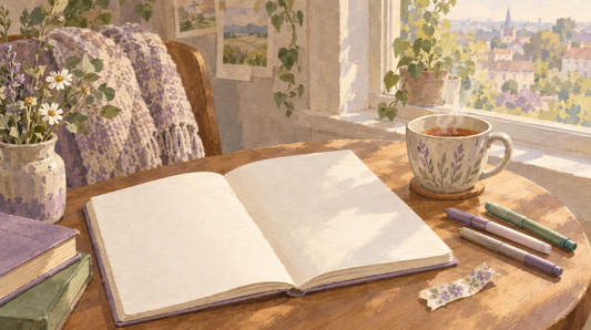 Soft watercolor illustration of a blank notebook page and a cup of tea by a window in morning light