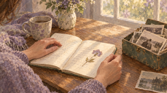 Soft watercolor illustration of an open journal beside a small box of old photographs and a pressed flower