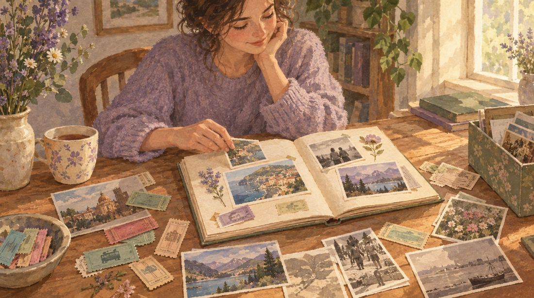 Soft watercolor illustration of ticket stubs, postcards, and an open scrapbook on a table
