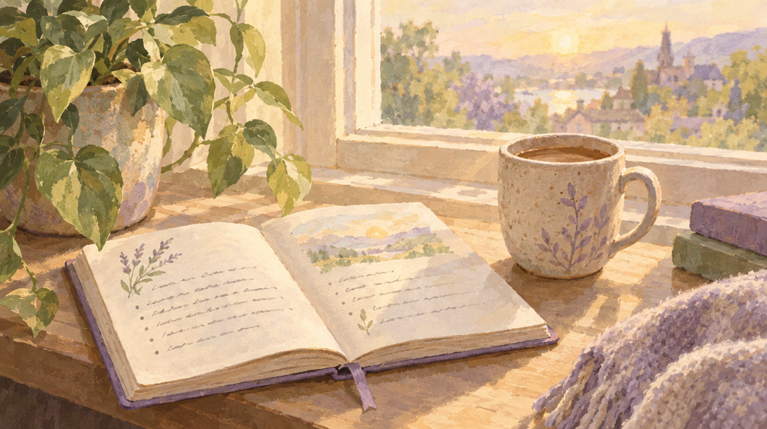 Soft watercolor illustration of a journal open in soft morning light with a warm mug nearby