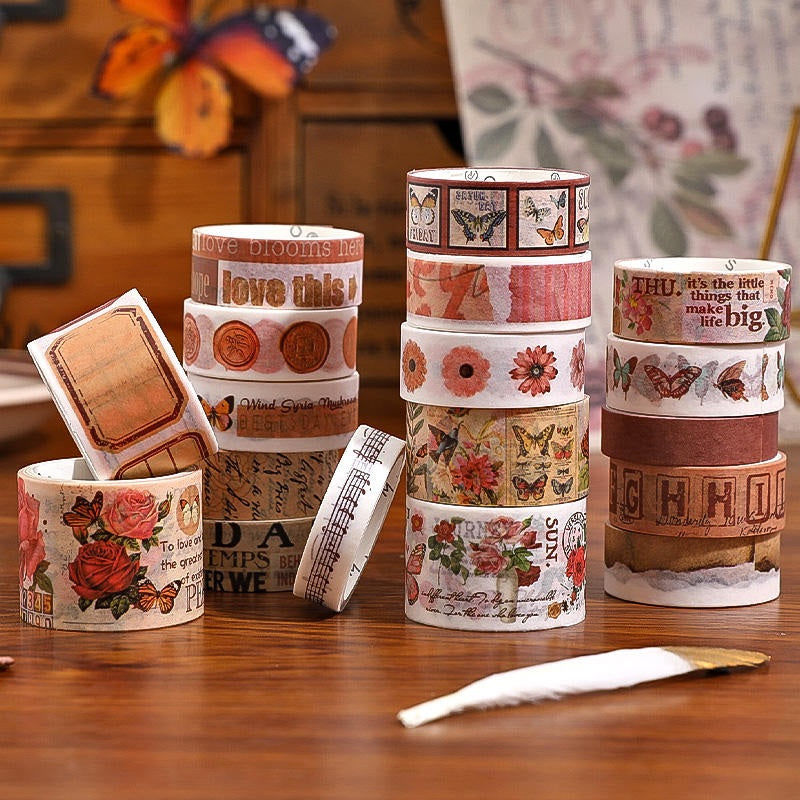 Vintage floral washi tape rolls in coordinating rose and neutral tones