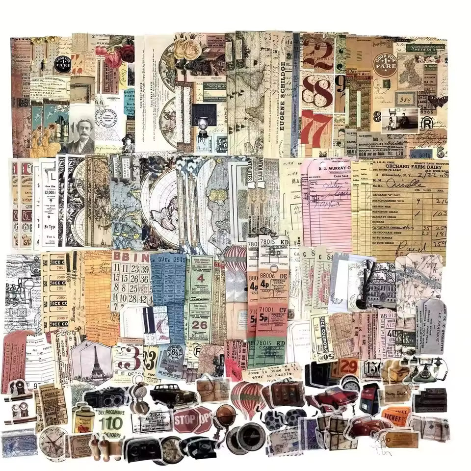 Classic retro ephemera kit full layout, 200 pieces