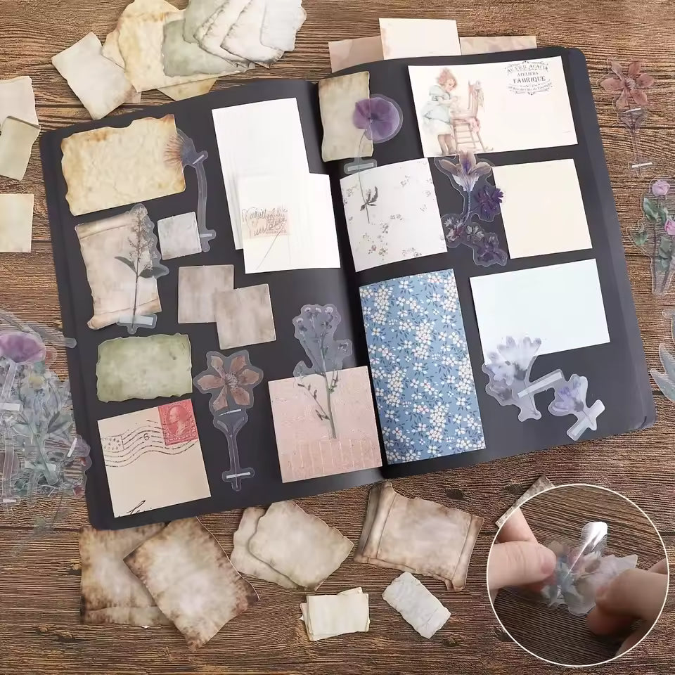 Vintage scrapbook stickers and paper close-up