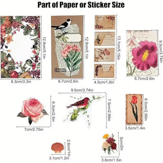 Close-up of vintage animal and botanical sticker paper