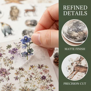 Nature-themed sticker sheet showing plants and wildlife