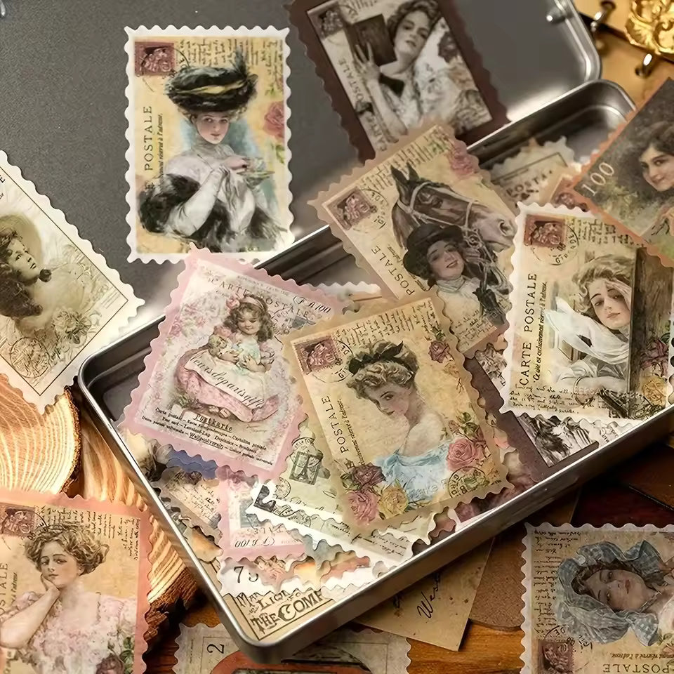 Detail shot of stamp-edged sticker designs
