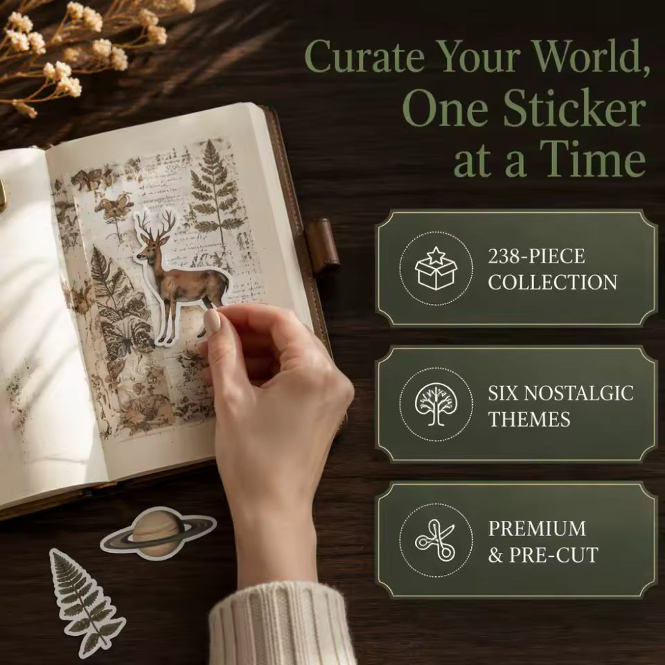 Botanical and nature stickers laid out on a journal page