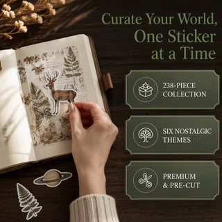 Botanical and nature stickers laid out on a journal page