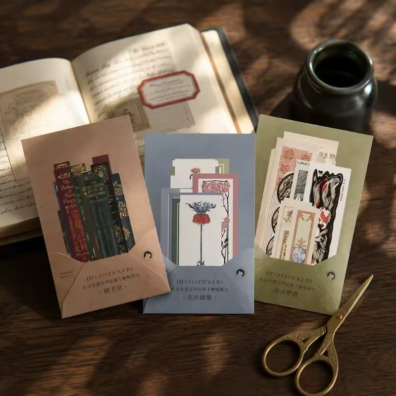 Close-up of book spine sticker designs