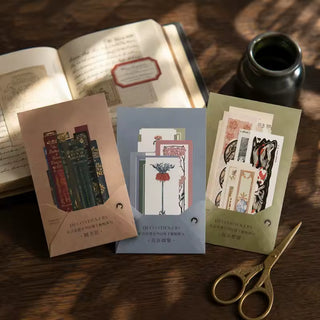 Close-up of book spine sticker designs