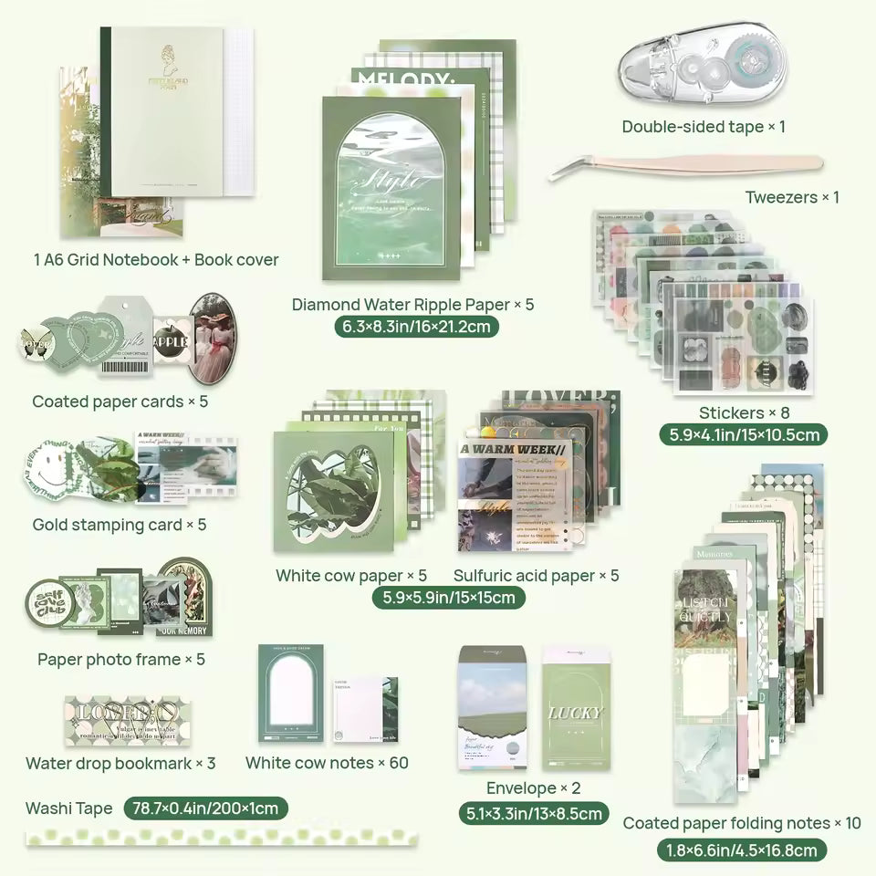 Green aesthetic papers and stickers detail