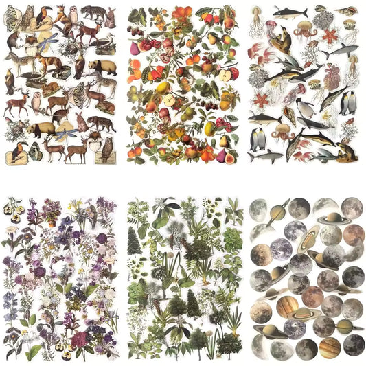 Nature sticker sheet with flowers, leaves, and small animals