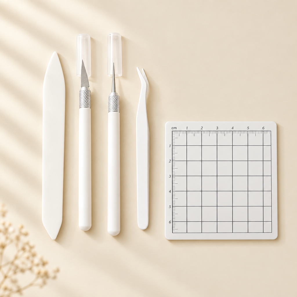 White scrapbooking craft tool set flat lay