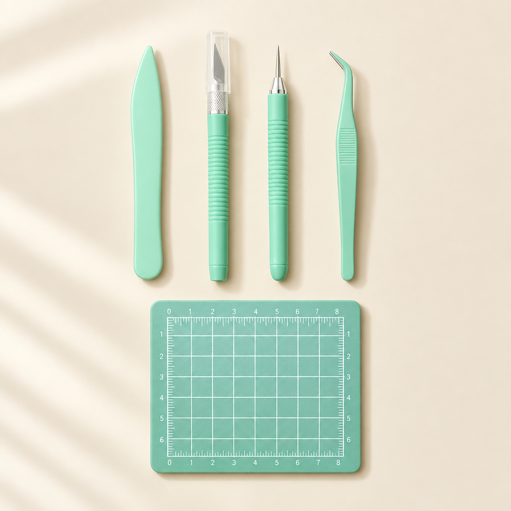 Green scrapbooking craft tool set flat lay