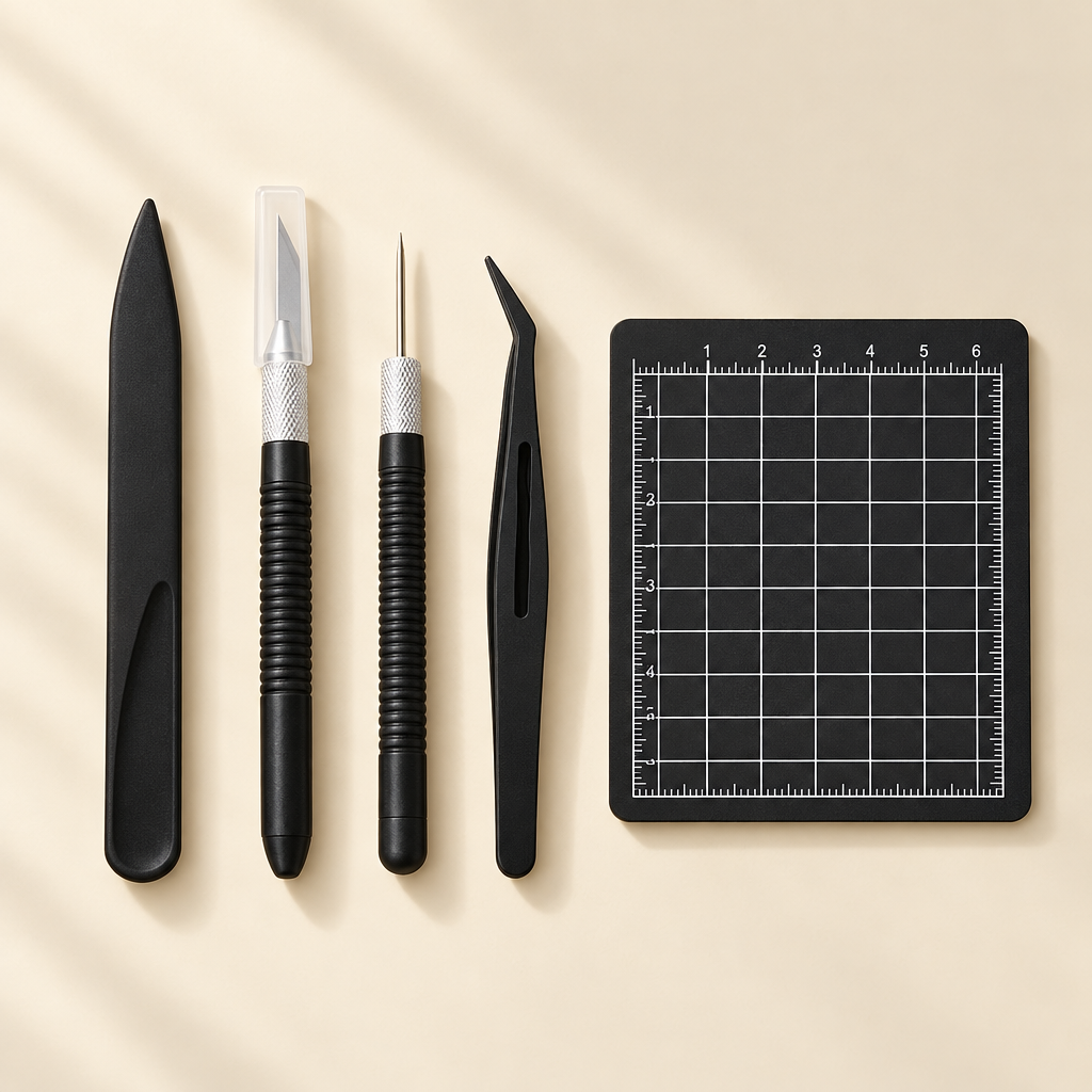 Black scrapbooking craft tool set flat lay