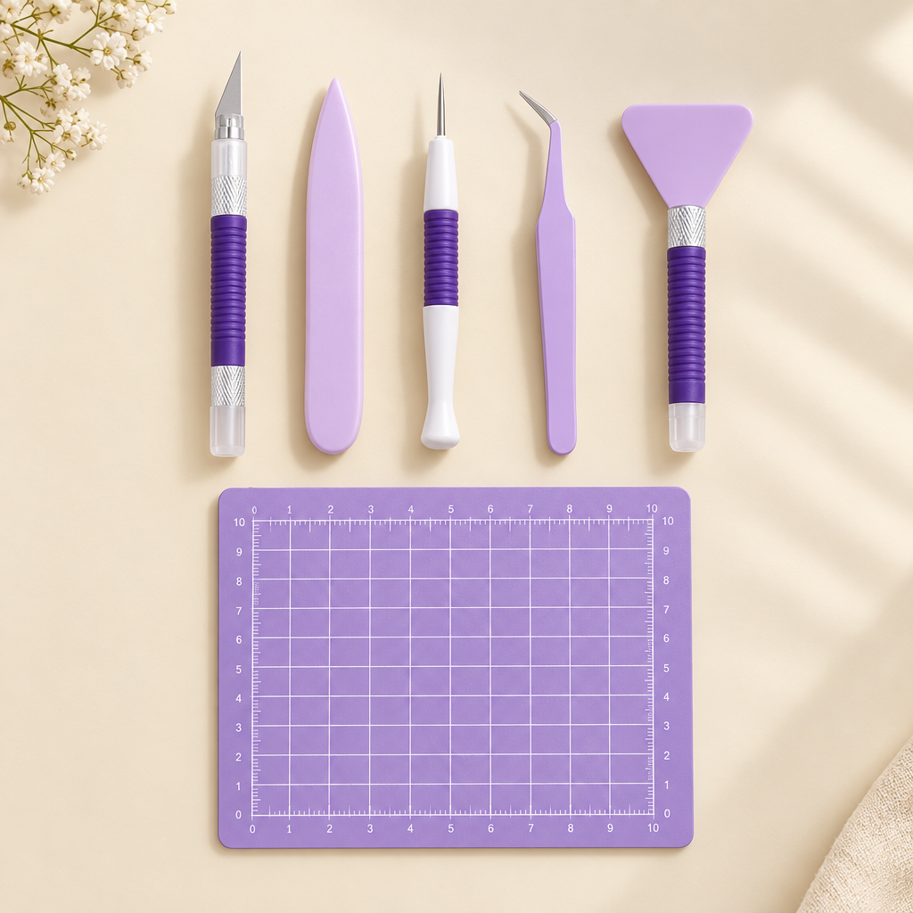 Purple scrapbooking craft tool set flat lay