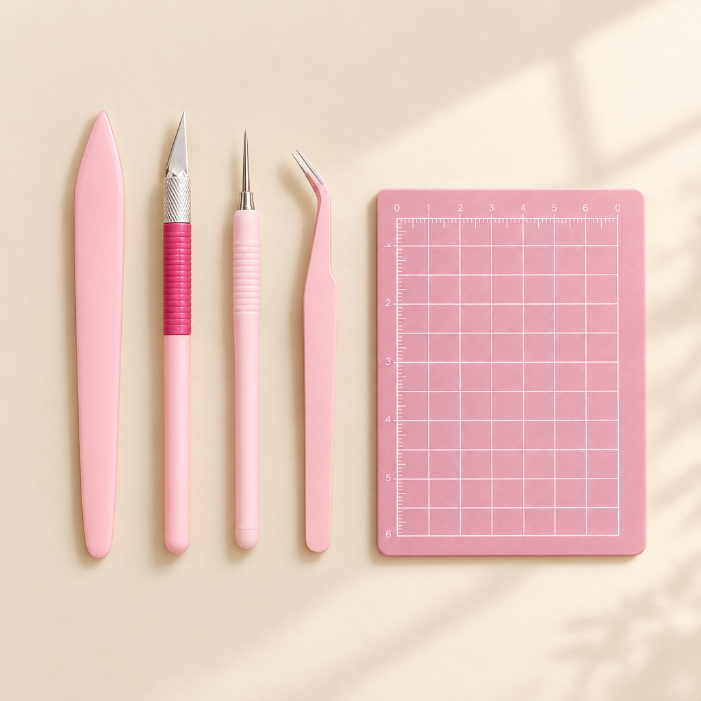 Pink scrapbooking craft tool set flat lay
